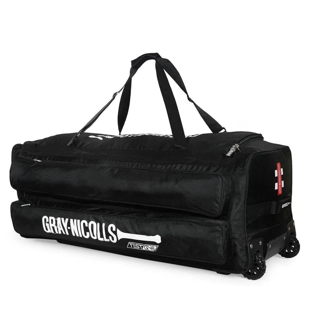 Gray - Nicolls 8 Test Cricket Kit Bag - Wheelie with retractable handle - Cricket Kit Bag - Wiz Sports